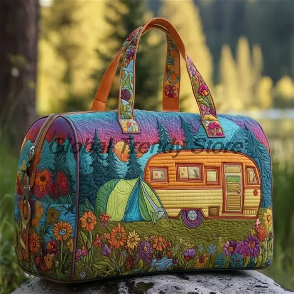 sac de voyage matelassé pour homme, motif floral et bus de la paix, sac fourre-tout décontracté pour femme, sac de week-end