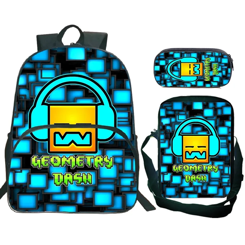 ensemble de 3 sacs à dos cartoon geometry dash pour garçons et filles, sac d'école de grande capacité, sac de voyage, sac à bandoulière pour enfants, sac à crayons