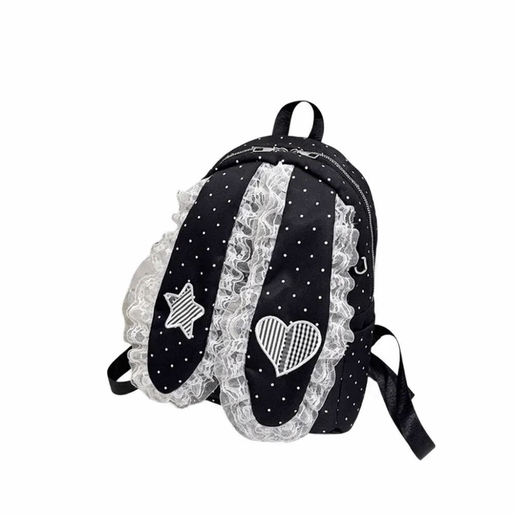sac à dos décontracté à oreilles de lapin style coréen, motif cœur, grande capacité, en nylon à pois, pour l'école et l'extérieur