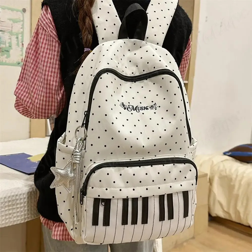 sac à dos décontracté en nylon pour femmes, à pois, motif touches de piano, sac d'école, sac à livres avec pendentif, sac de voyage pour filles, sac à main mignon pour ordinateur portable, sac à dos quotidien