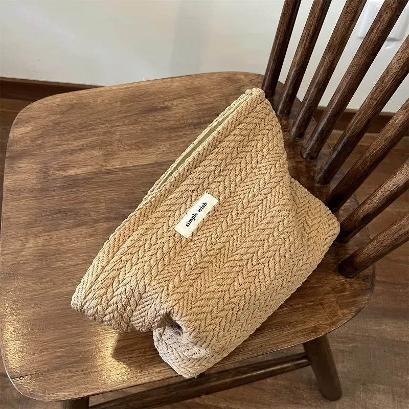pochette cosmétique tissée avec fermeture éclair - motif grain de riz, trousse de maquillage portable, organiseur de rangement de voyage pour femmes, léger