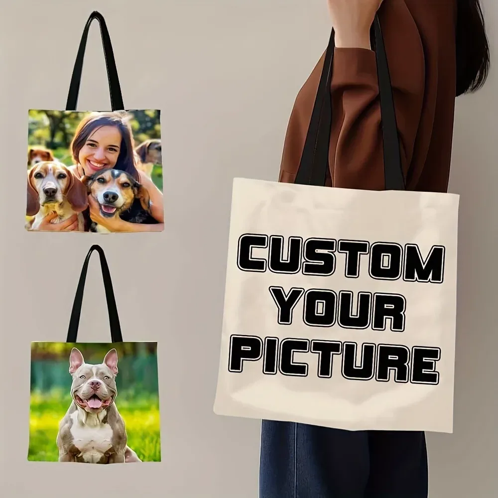 Sac fourre-tout en polyester personnalisé, sac à bandoulière pliable avec impression de photos personnalisées, sac de rangement au design réutilisable, sacs de courses