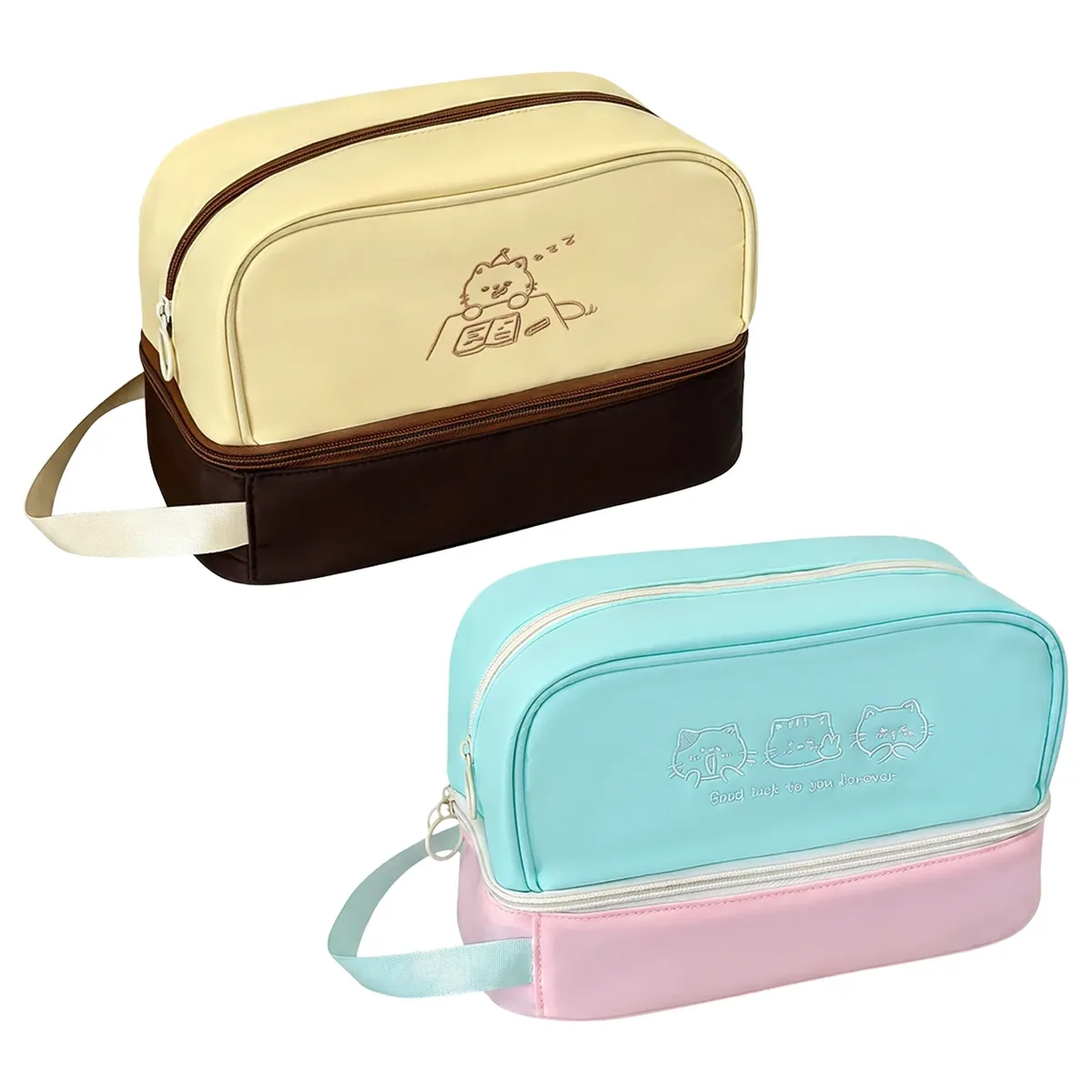 Trousse de Maquillage Imperméable Grande Capacité Double Couche avec Broderie Chat pour Voyage, Articles de Toilette, Cadeau pour Dortoir