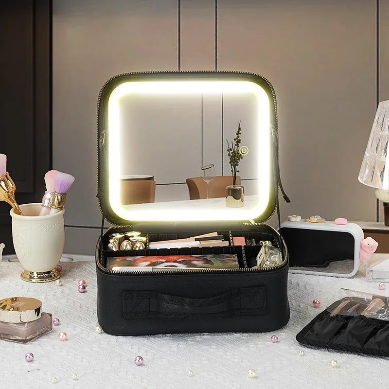 miroir de mallette de train 3 couleurs, trousse de maquillage portable blanche, organisateur étanche avec séparateurs réglables, mallette de rangement de cosmétiques, cadeau