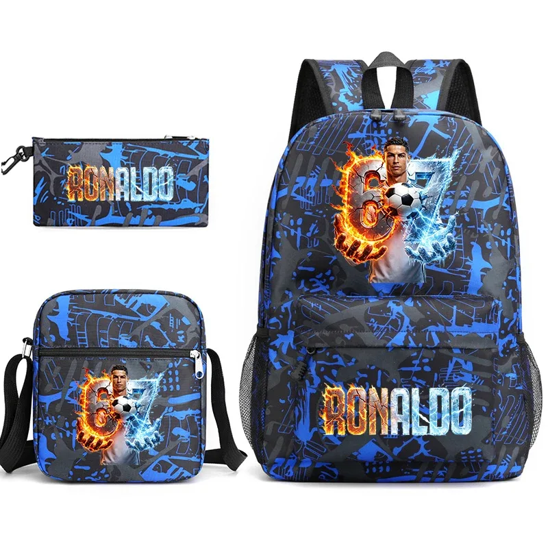 Ensemble de sac à dos d'école imprimé Cr7 Ronaldo 67 avec sac à bandoulière et trousse à crayons pour adolescents et enfants, sac à dos léger