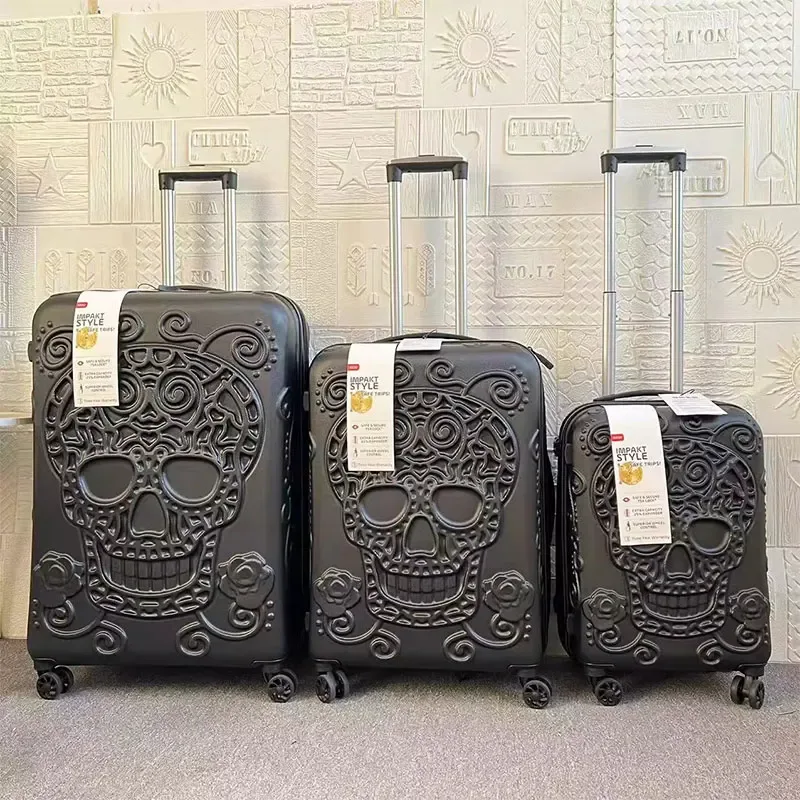 valise 3d crâne 20/24/28 pouces, nouvelle collection, bagage cabine à roulettes, lot de 3 valises, valise trol