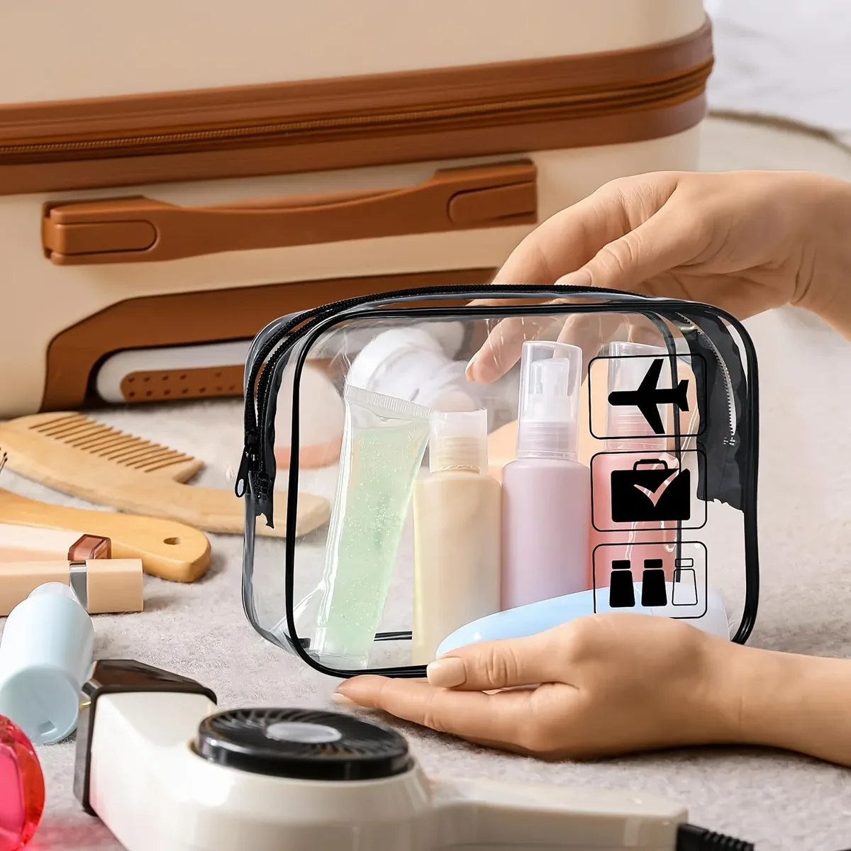 trousse de toilette transparente approuvée par tsa, organisateur de cosmétiques de maquillage de voyage en pvc durable avec fermeture à glissière, accessoire de voyage