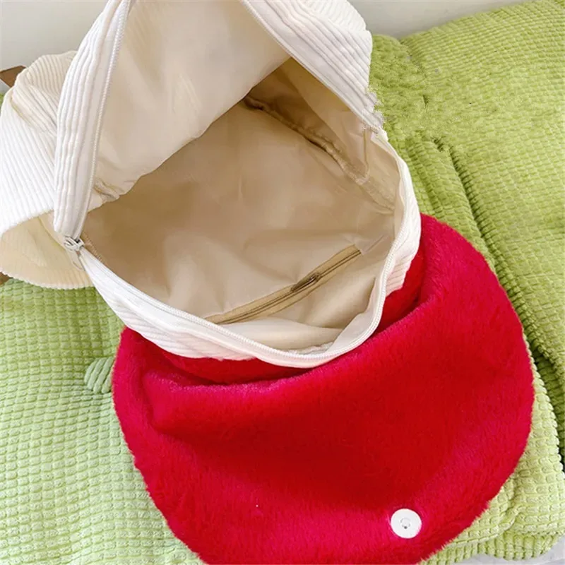sac à dos champignon en peluche kawaii pour femmes, fourre-tout mignon avec bretelles réglables, fermeture à glissière, sacs à dos d'étudiant en velours côtelé rouge/blanc