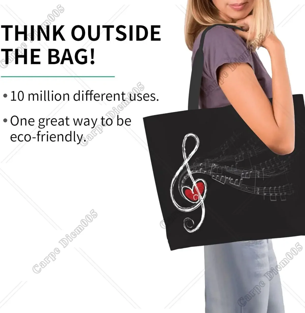 grand sac fourre-tout réutilisable pour femme, sac à main décontracté, sac d'épicerie polyvalent, travail en plein air, marche, notes de musique