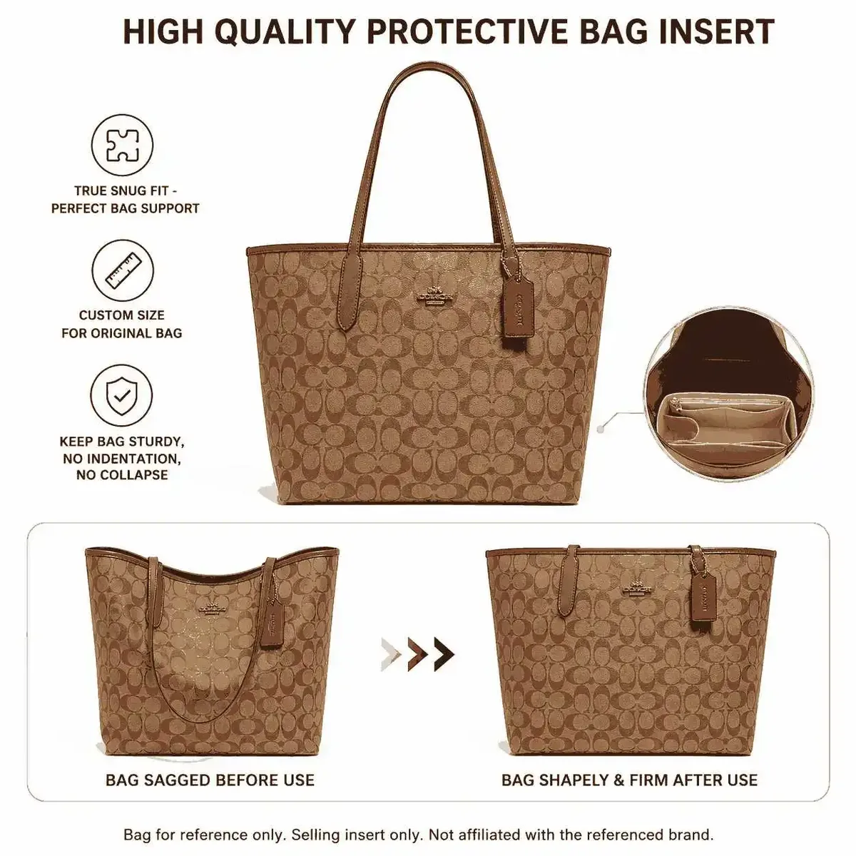 organisateur de sac à main en feutre, doublure structurée pour un rangement quotidien, compatible avec les sacs coach city tote de tailles régulière, moyenne et petite.