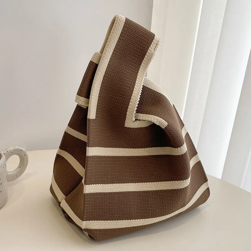 sac à main en tricot fait à la main pour femme, mini sac de poignet à nœud, sac fourre-tout à carreaux à large rayure, sacs à provisions réutilisables pour étudiants, document décontracté japonais