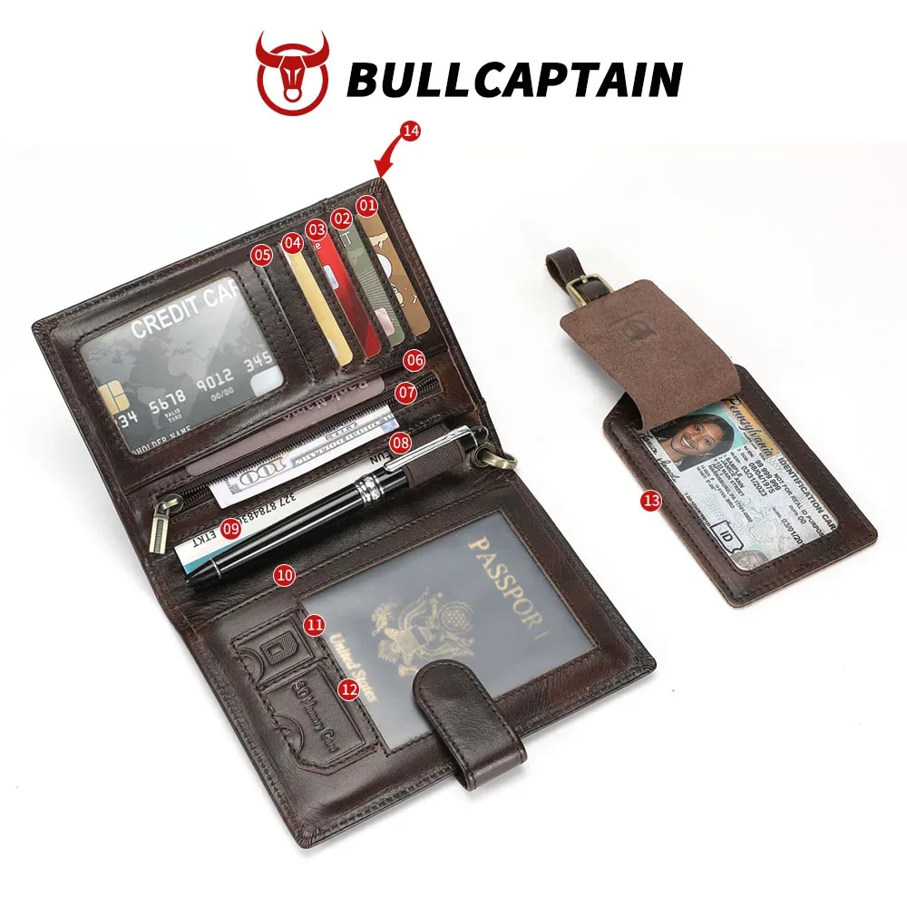 bullcaptain portefeuille de voyage en cuir véritable pour homme et femme, porte-passeport, porte-cartes, porte-monnaie, avec protection rfid