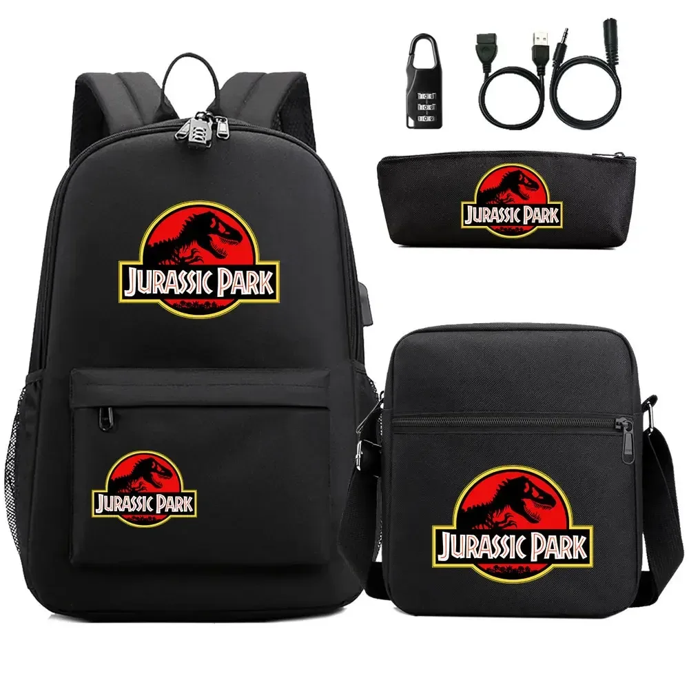 dinosaure jurassic park world 3 pièces usb antivol serrure garçon fille enfants école livre sacs voyage sac à dos sac à bandoulière stylo sac