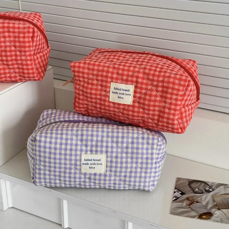 trousse de maquillage mignonne pour femmes, sac cosmétique portable de voyage, petite trousse de toilette à fermeture éclair à motif écossais, pochette de lavage, sacs de rangement