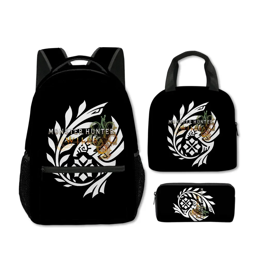 sacs d'école classiques populaires et amusants avec impression 3d de monstres sauvages, 3 pièces/ensemble, sac à dos de voyage, sac à déjeuner portable, trousse à crayons