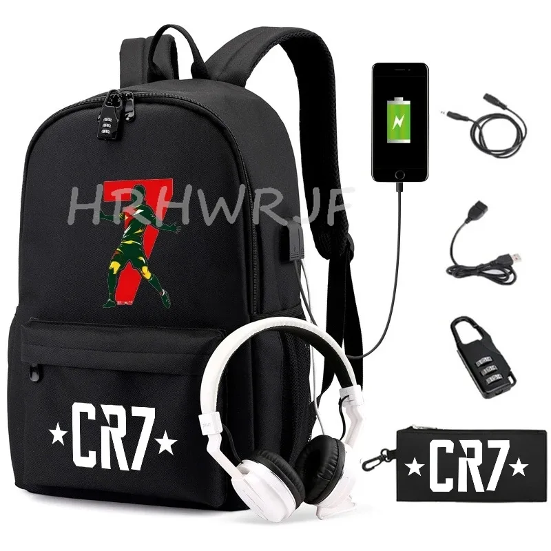 sac à dos usb cr7 pour femmes et hommes, sac à dos de voyage décontracté anti-vol, sacs d'école pour adolescents avec capacité pour ordinateur portable, avec trousse à crayons, 2 pièces