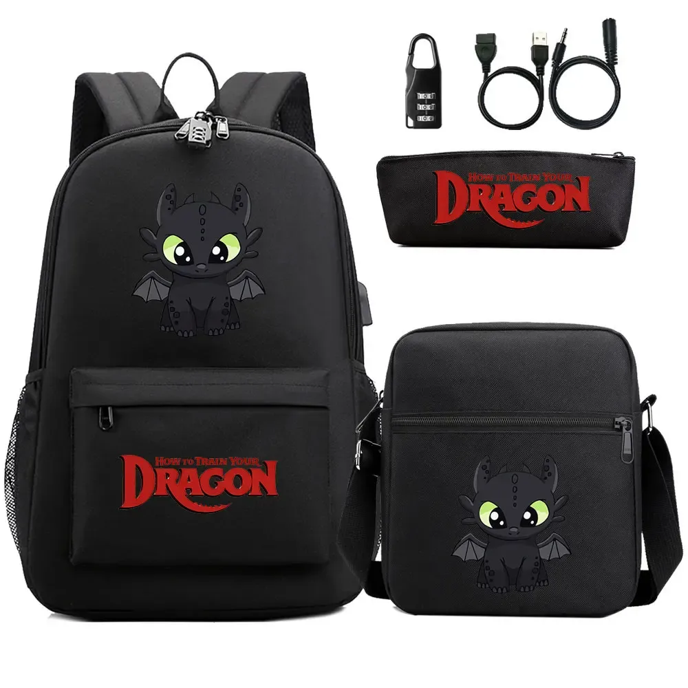 comment entraîner votre dragon 3 pièces usb antivol serrure garçon fille enfants retour à l'école livre sacs voyage sac à dos sac à bandoulière sacs à stylos