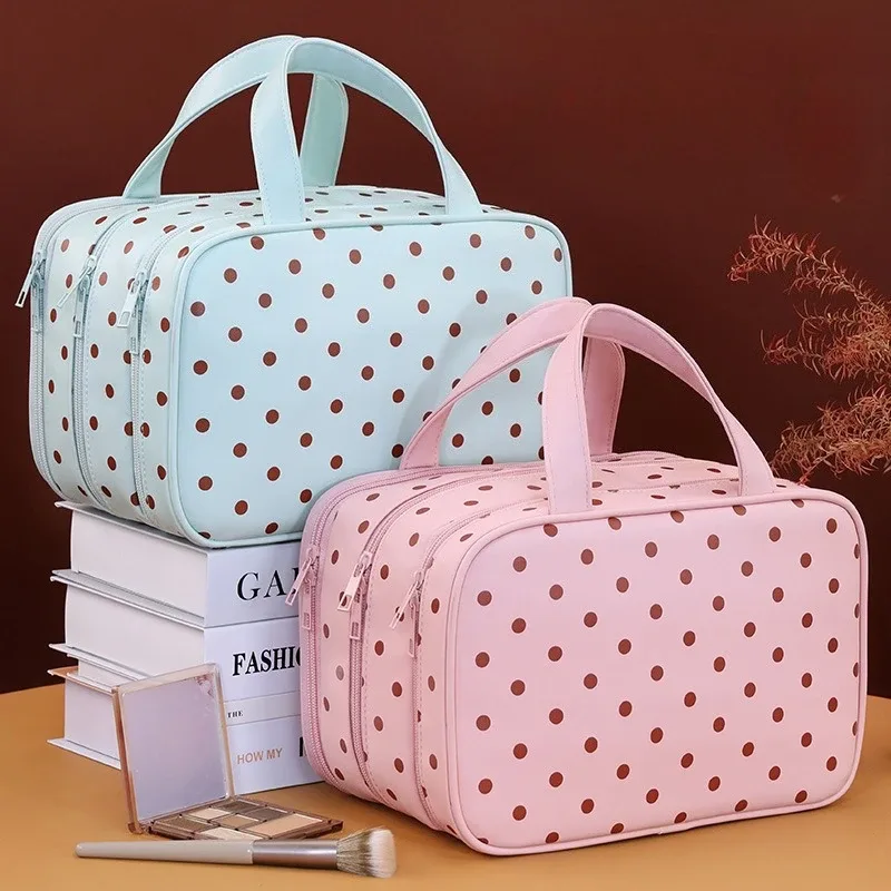 trousse de maquillage grande capacité à pois, sac de voyage portable pour cosmétiques, trousse de toilette étanche à main pour femmes