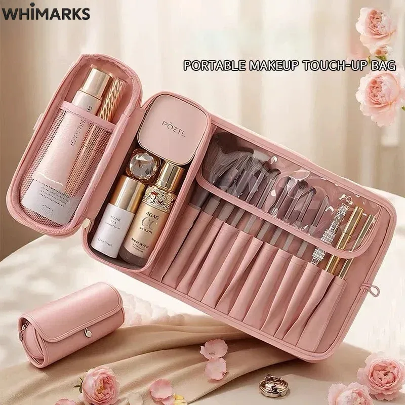 sac cosmétique whimarks, organisateur de pinceaux de maquillage et d'articles de toilette, sac de voyage imperméable et portable, pochette de rangement pour maquillage de grande capacité.