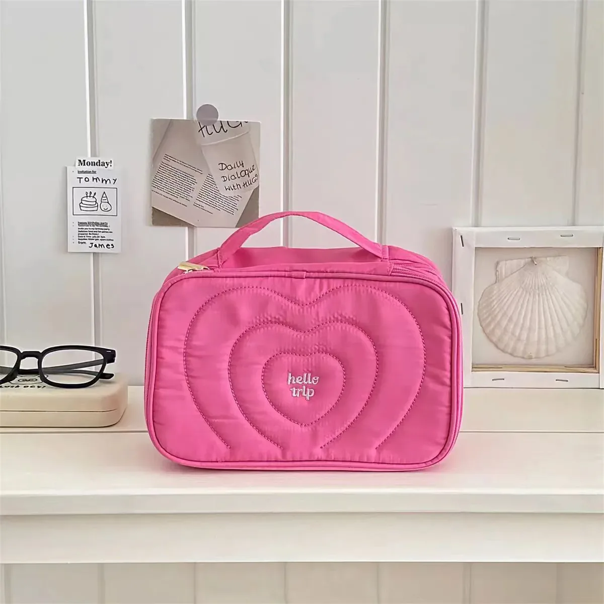 nouvelle trousse de maquillage portable à plusieurs compartiments, grande capacité, brodée, avec rabat, sac de toilette portable au motif sel marin, sac de voyage.