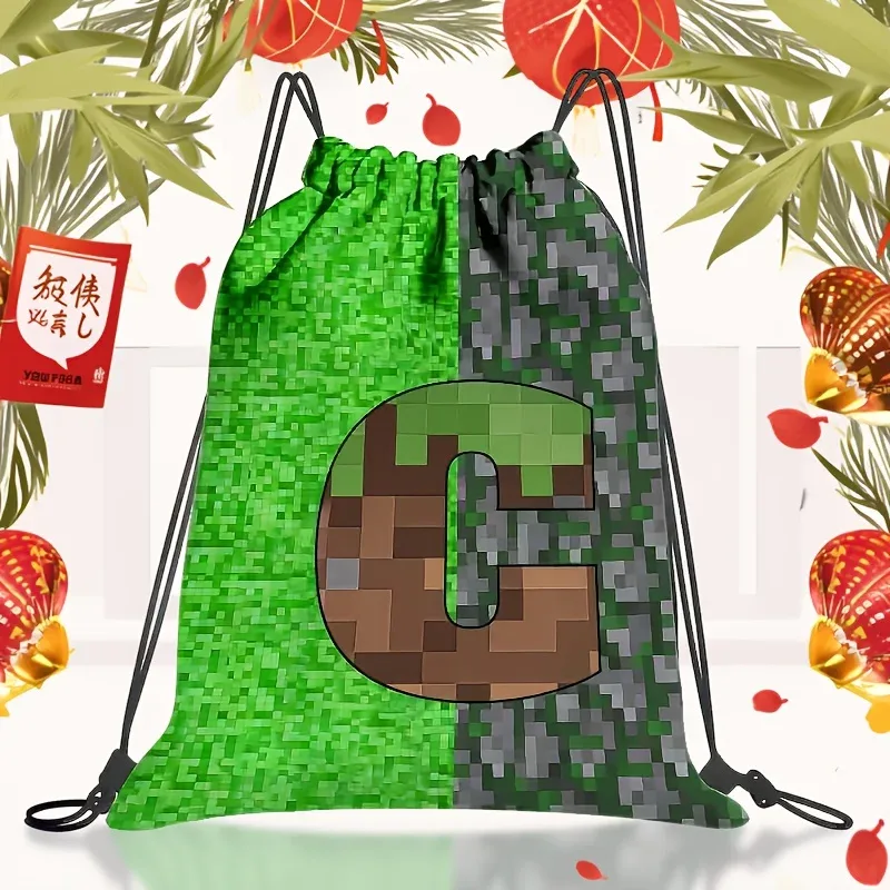 sac à dos à cordon de serrage de grande capacité pour jeux vidéo, avec lettrage pixelisé, unisexe, motif géométrique multicolore, 1 pièce