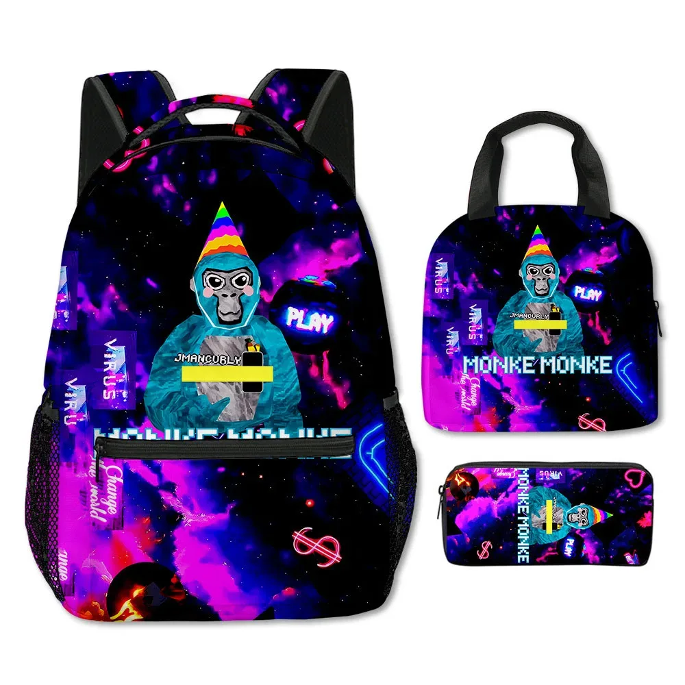 mode nouveauté cool nouveauté gorille tag impression 3d 3 pièces/ensemble étudiant sacs d'école sac à dos pour ordinateur portable bandoulière sac à déjeuner porte-crayon