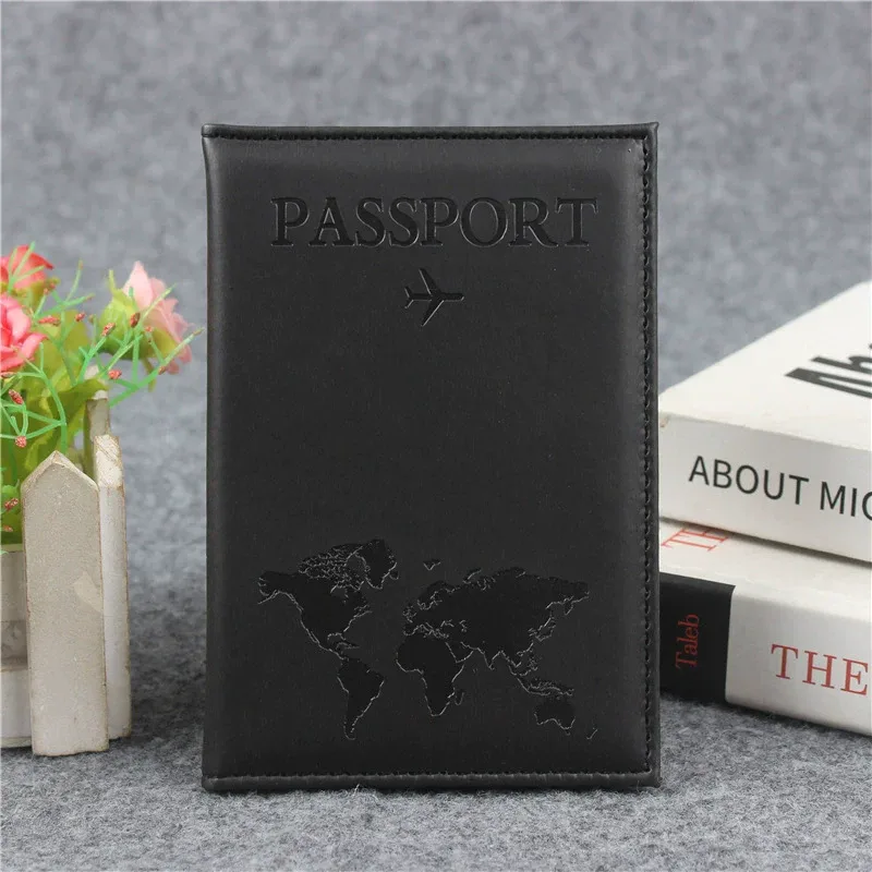 couverture de passeport en cuir pu pour hommes et femmes, étui de passeport de voyage avec carte du monde, organisateur-porte-carte de protection, couvertures de documents d'identité