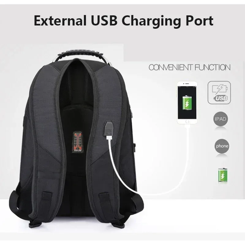 sac à dos multifonctionnel suisse 2026, durable, pour ordinateur portable 17 pouces, sac de voyage, sac à livres universitaire, port de chargement usb, résistant à l'eau