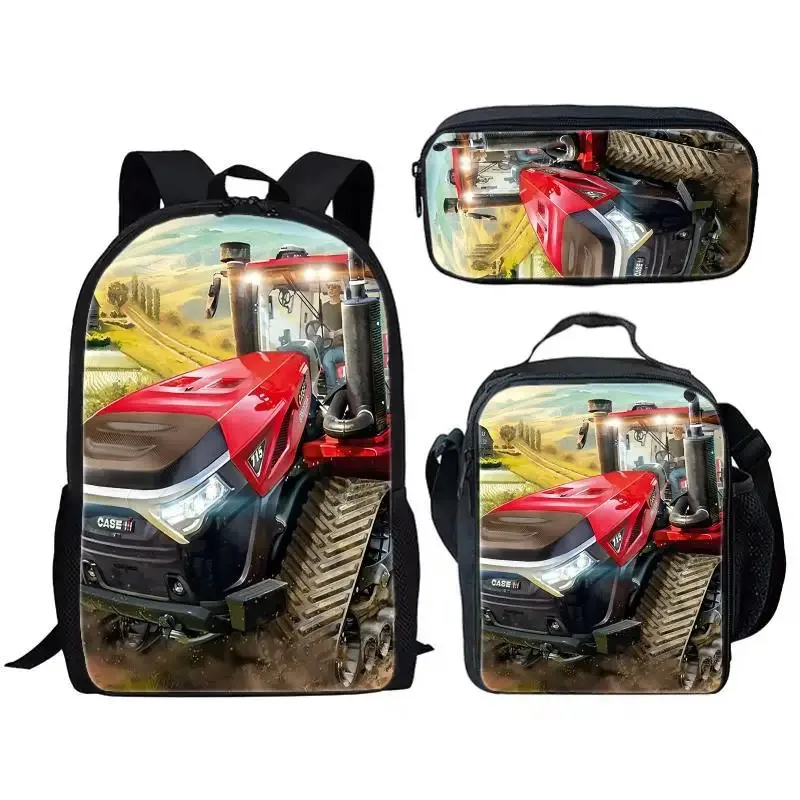 sac à dos tendance et populaire pour étudiants, motif simulateur d'agriculture avec tracteur imprimé en 3d, lot de 3 pièces : sac à dos pour ordinateur portable, sac à déjeuner et trousse à crayons