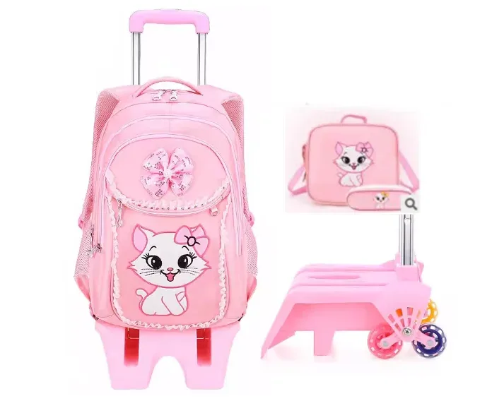 3 sacs à roulettes scolaires pour enfants, sacs à dos à roulettes pour filles, sacs à roulettes pour l'école, style chat, sacs à dos pour filles
