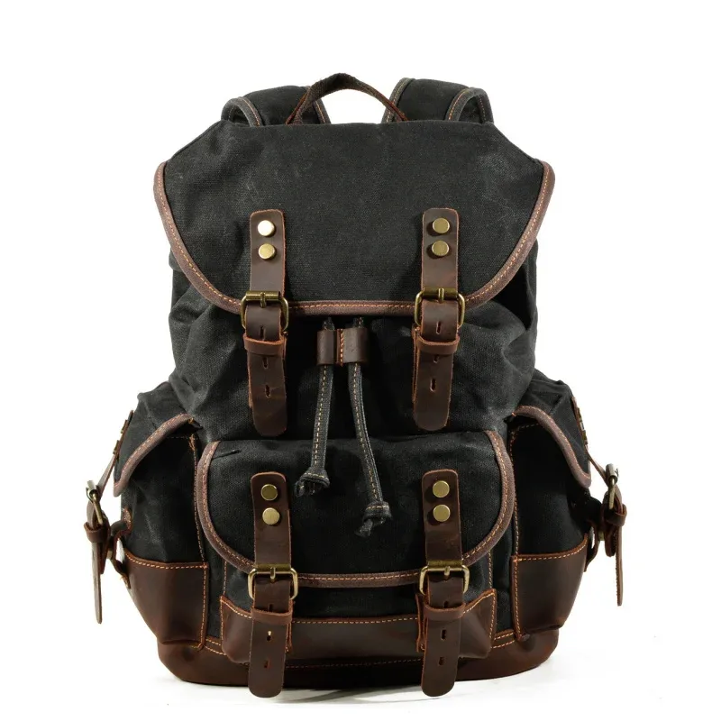 Sac à bandoulière rétro décontracté pour étudiants, sac d'école de grande capacité, sac à dos de voyage en toile cousue en cuir, sac à dos de randonnée
