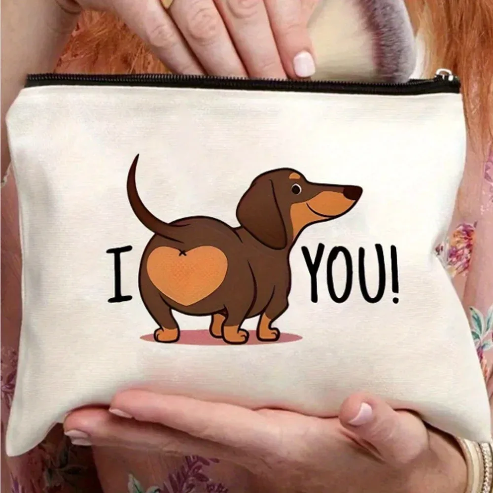 Trousse de maquillage drôle pour fesses de teckel – Chiot marron mignon avec "Je vous!" Coeur, Mini sac à main sans fermeture éclair pour femme, s, enseignants