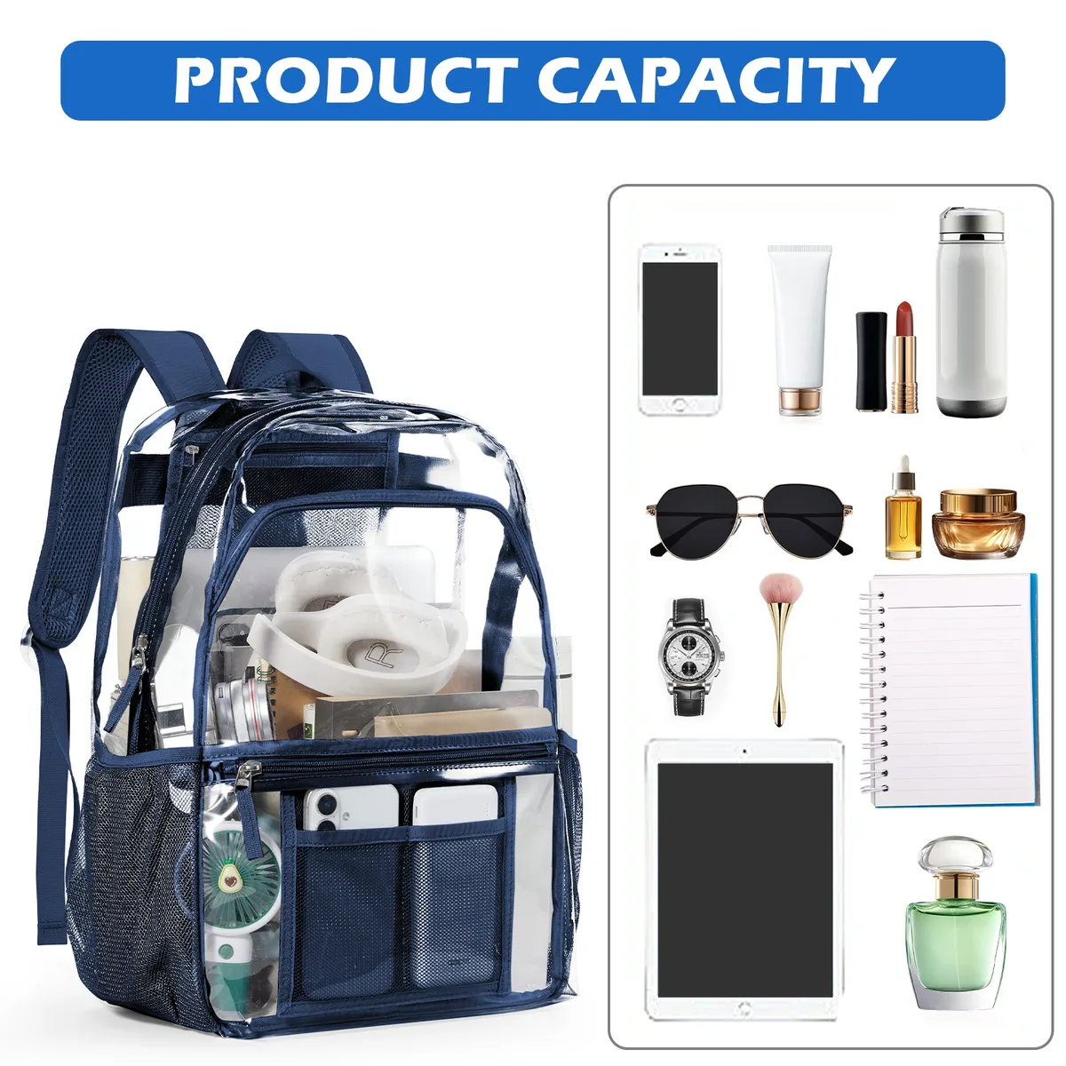 sac à dos en polyester transparent - sac à dos transparent élégant pour l'école sac à dos transparent multi-poches sac esthétique moderne décontracté 