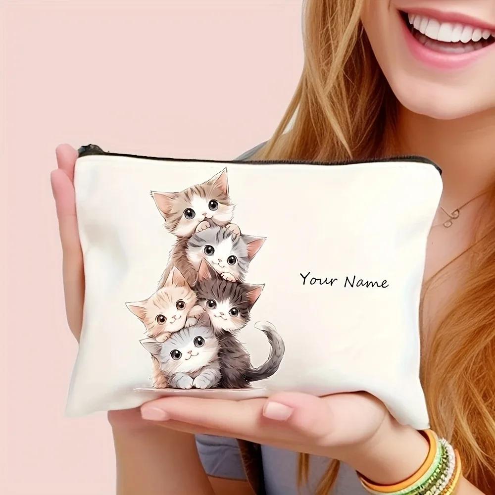 pochette de maquillage personnalisée en polyester avec motif de chat mignon - pochette cosmétique à fermeture éclair, étui de rangement pour articles de toilette portable et durable unisexe