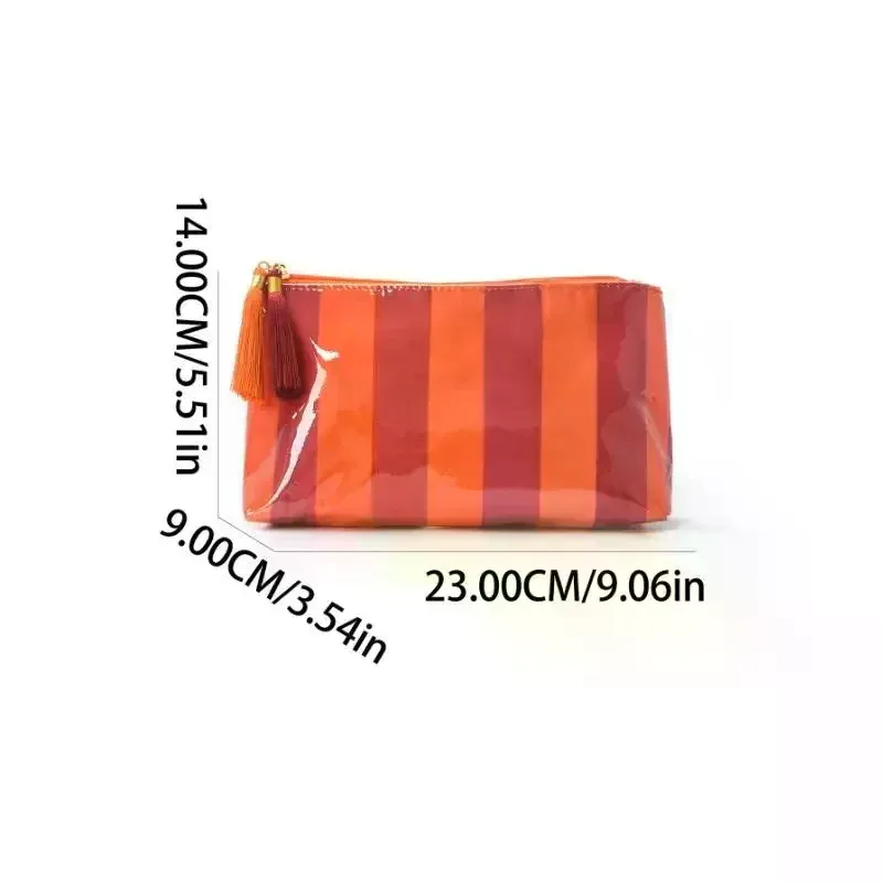 pochette cosmétique rayée en pvc avec franges et fermeture éclair, trousse de toilette imperméable, étui pour pinceaux de maquillage