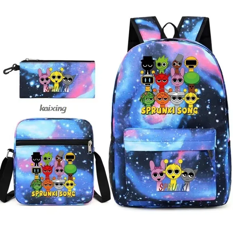 ensemble de 3 sacs à dos sprunki à imprimé anime, avec sac fourre-tout et pochette, grande capacité, léger et respirant, sac à dos décontracté tendance