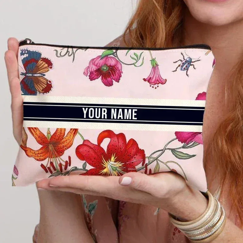organisateur de cosmétiques de voyage avec nom personnalisé, pochette de rangement pour fournitures de bureau pour femmes, sac de maquillage en toile cadeau personnalisé, trousse à crayons