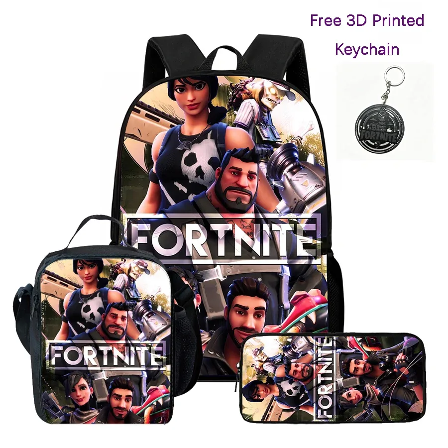 ensemble de 3 sacs à dos pour enfants, sac à lunch et trousse à crayons, sac fortnite à motif de dessin animé, léger pour garçons et filles de 6 à 10 ans, porte-clés imprimé en 3d gratuit