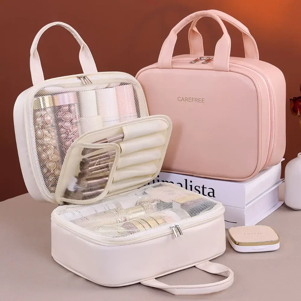 Sac de rangement de cosmétiques à deux étages, espace de rangement surdimensionné avec poignées et plusieurs poches, trousse de toilette en matériau PU