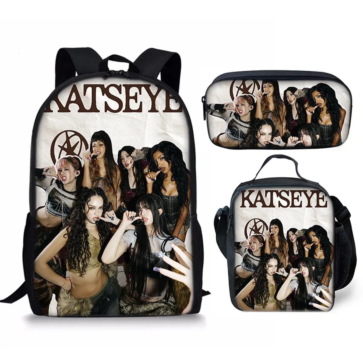 sac à dos scolaire classique populaire kpop katseye imprimé 3d, ensemble de 3 pièces, sac à dos pour ordinateur portable, sac à déjeuner, trousse à crayons