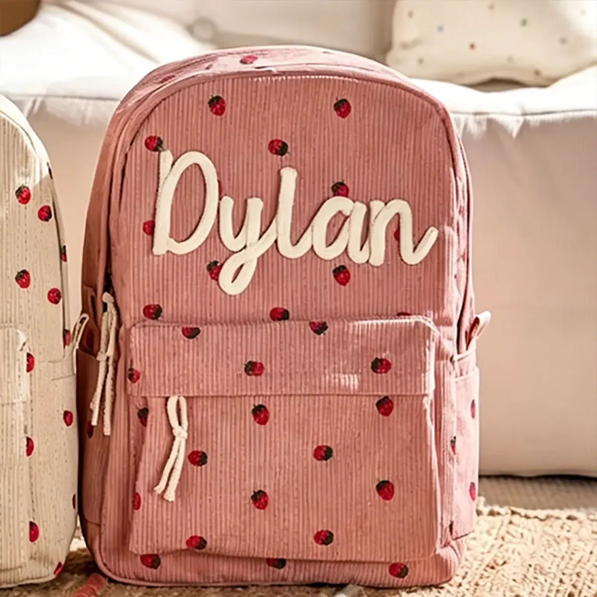 sac à dos personnalisé en velours côtelé, motif fraise/à carreaux, simple et spacieux, cadeau parfait pour la rentrée scolaire