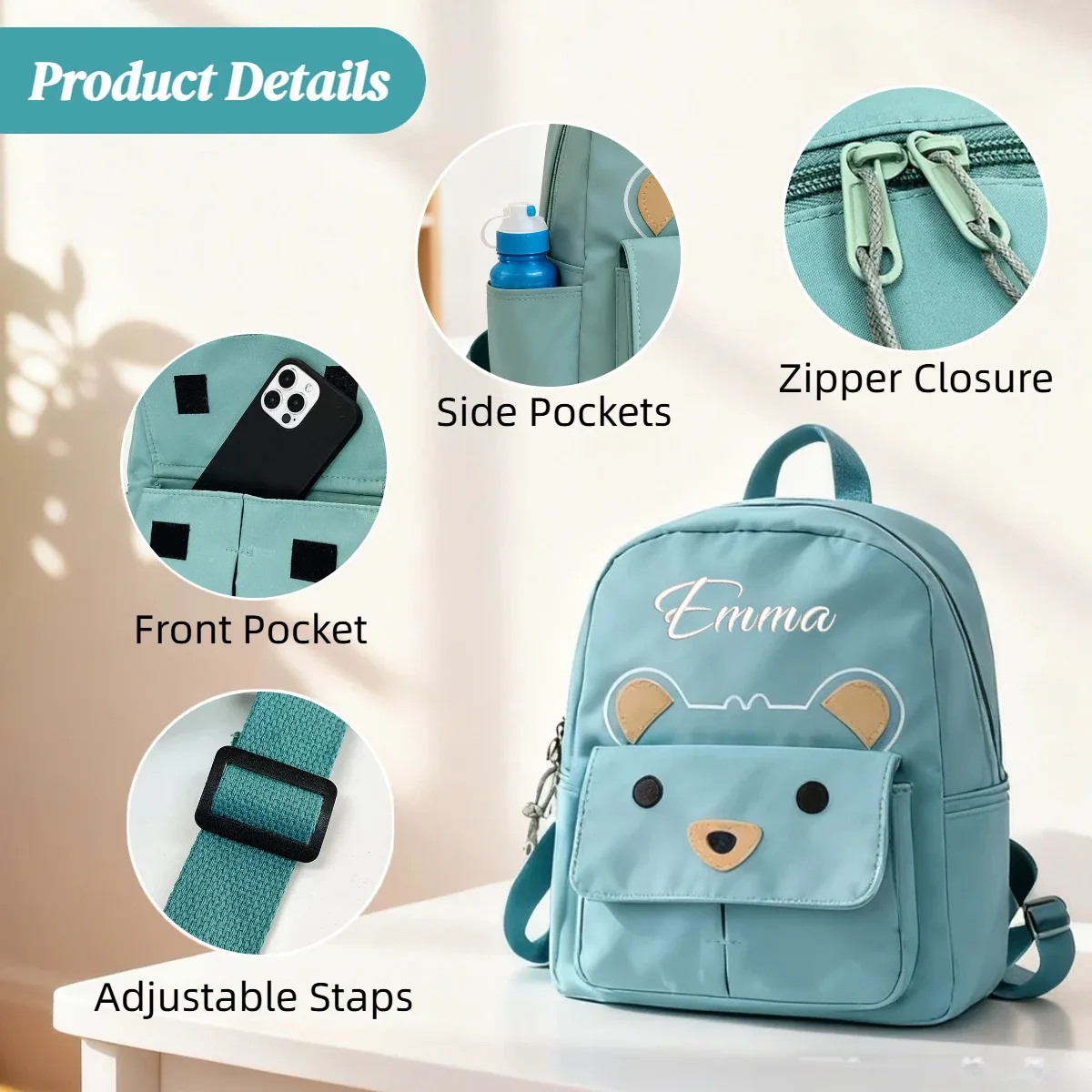 sac à dos de maternelle brodé avec un ours mignon, sac d'école personnalisé avec nom pour enfants, idéal pour l'école, les voyages quotidiens, cadeaux de rentrée scolaire pour enfants.