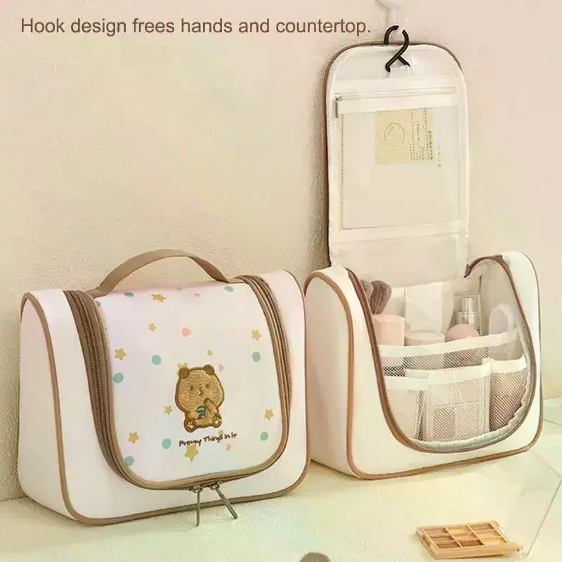 trousse de toilette brodé motif dessin animé avec compartiments séparés, sac de voyage suspendu grande capacité, organisateur de maquillage portable