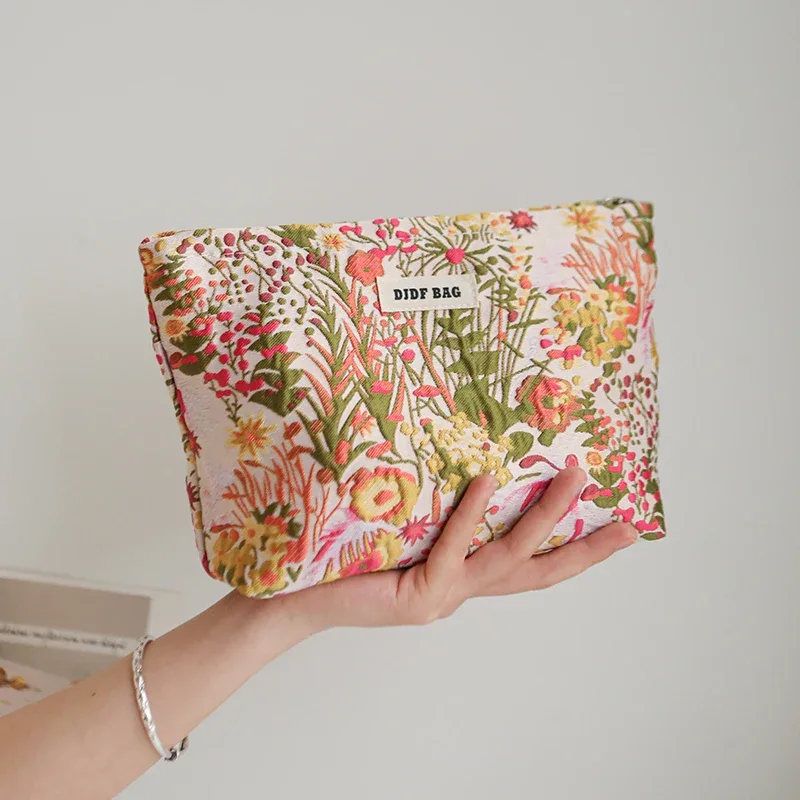trousse de maquillage pour femmes, bouquet bleu, serviette hygiénique de grande capacité, retouche, fournitures de maquillage, sac de rangement en toile, trousse de toilette