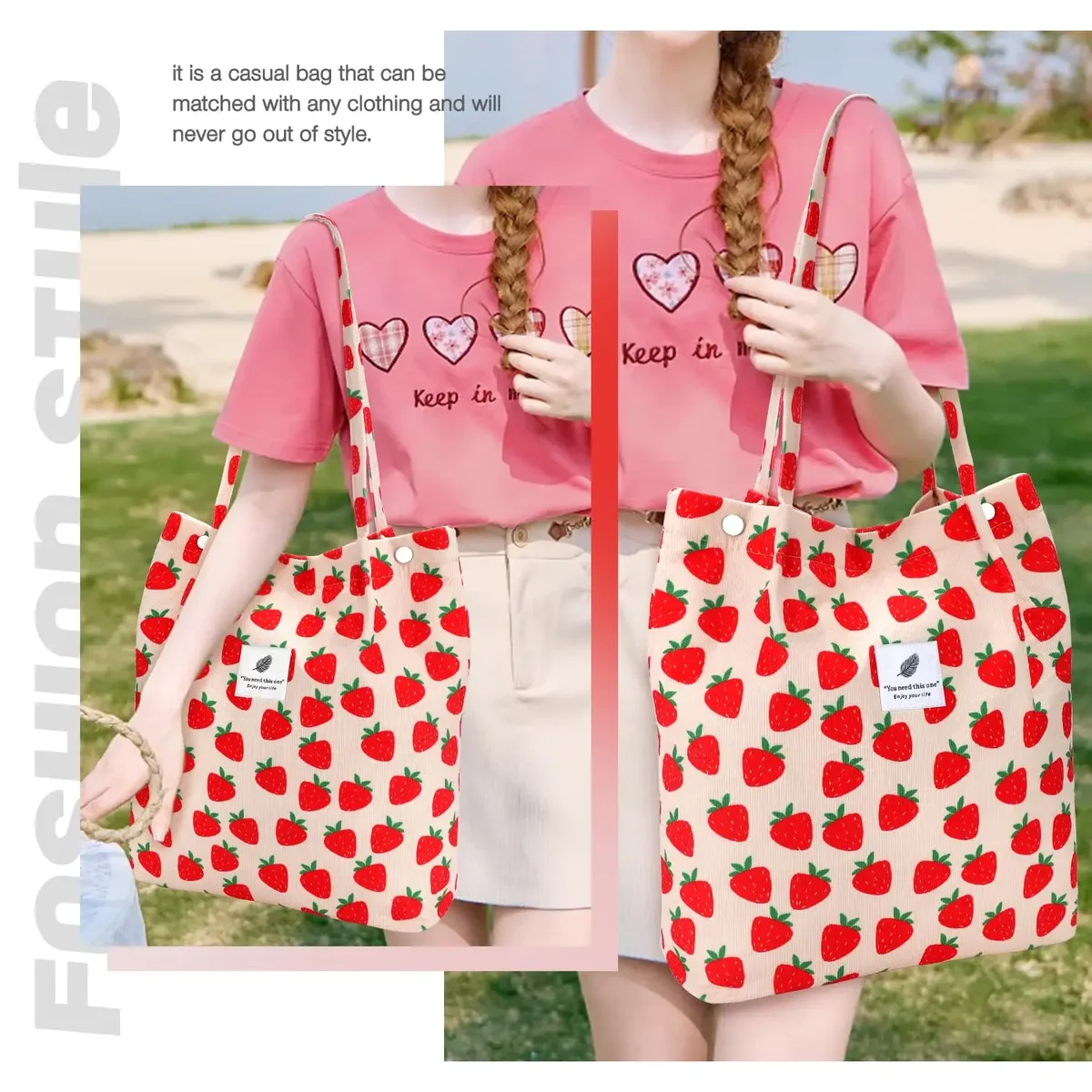 sac fourre-tout en velours côtelé, fourre-tout mignon pour femmes, sac à bandoulière avec poche intérieure pour le travail, la plage, les voyages et le shopping, l'épicerie