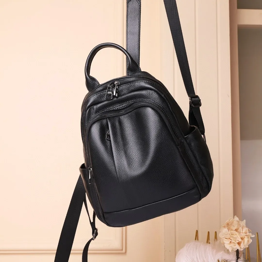 sac à dos en cuir de vachette véritable noir pour femme, sac à dos décontracté antivol pour femme, sac initié en cuir véritable, motif solide, sac à dos scolaire pour filles