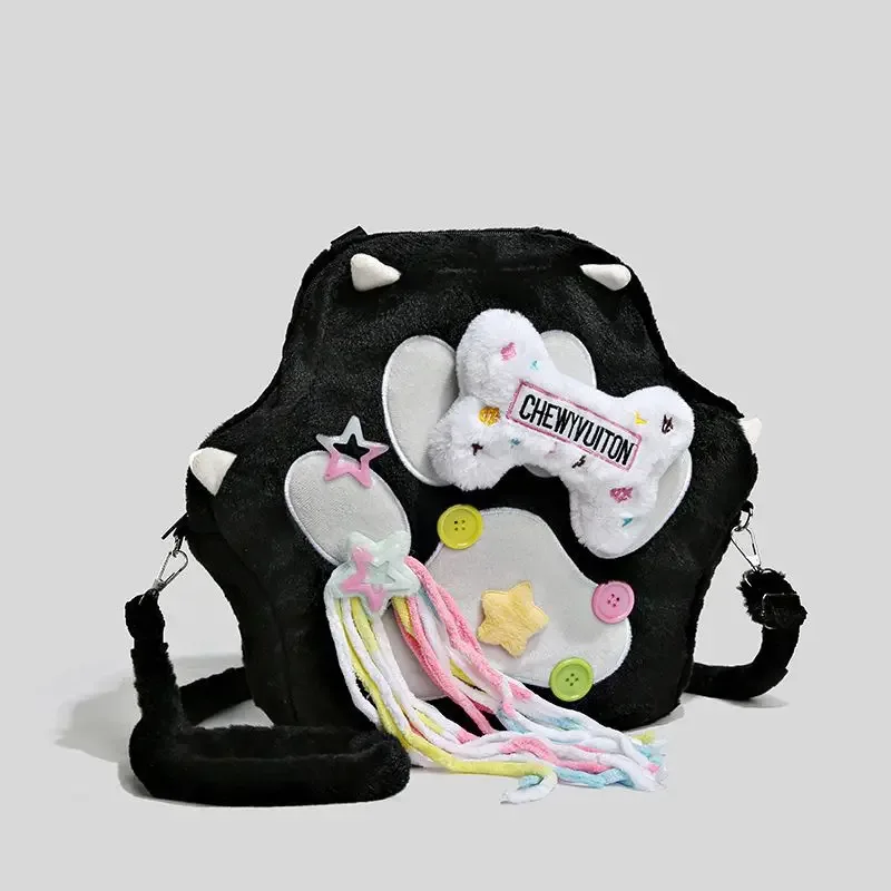 sac à dos en peluche patte de chat mignon avec bretelles réglables, sac kawaii en fourrure douce, sac à dos de dessin animé pour femmes et filles, cadeaux de noël