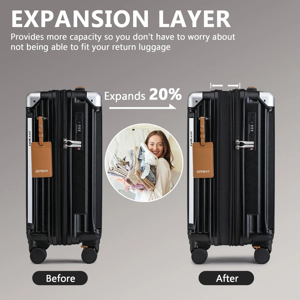 joyway bagage à main 20 pouces avec porte-gobelet et port usb, capacité extensible à 25%, valise intelligente avec roues antidérapantes