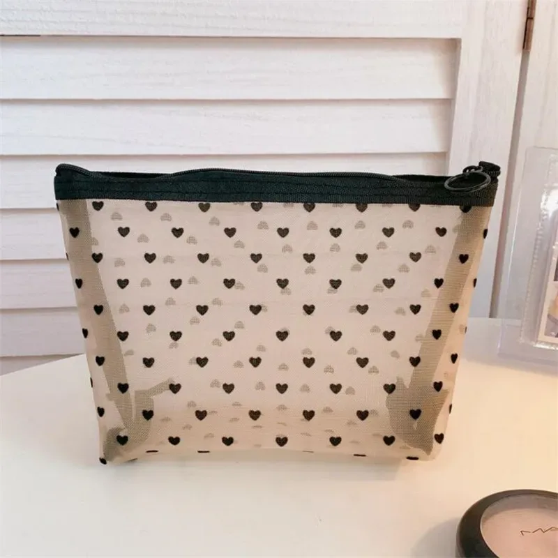 sacs de rangement en maille transparente en forme de cœur pour femmes, sac à cosmétiques nécessaire, organisateur de voyage, petits et grands sacs de toilette noirs, pochette de maquillage