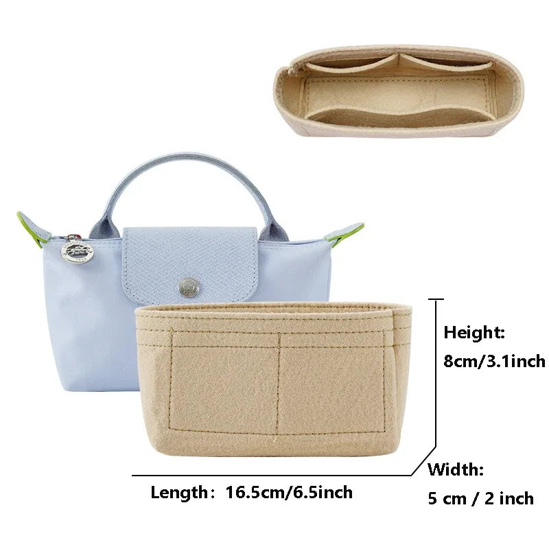 organisateur en feutre de qualité supérieure pour mini sac en nylon, ultra léger 30g, pochette intérieure, structeur de sac à main, doublure de maquillage avec fermeture éclair